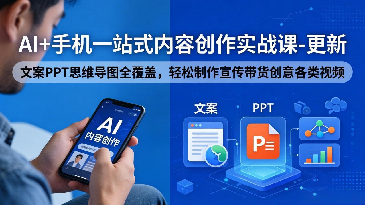AI+手机一站式内容创作实战课-更新，文案PPT思维导图全覆盖，轻松制作宣传带货创意各类视频-财阁