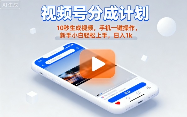 视频号分成计划懒人玩法，10秒生成视频，手机一键操作，新手小白轻松上手，日入1K【揭秘】-财阁