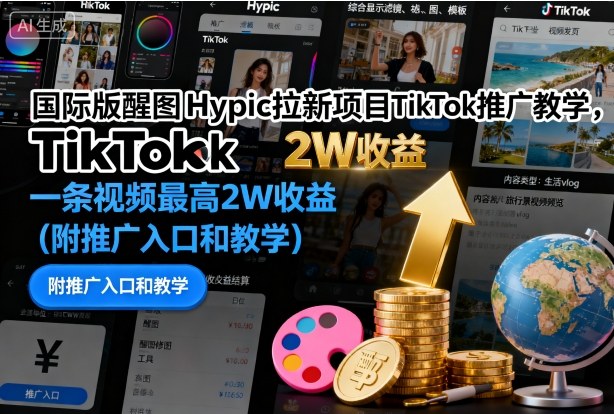 国际版醒图Hypic拉新项目TikTok推广教学,一条视频最高2W收益(附推广入口和教学)-财阁