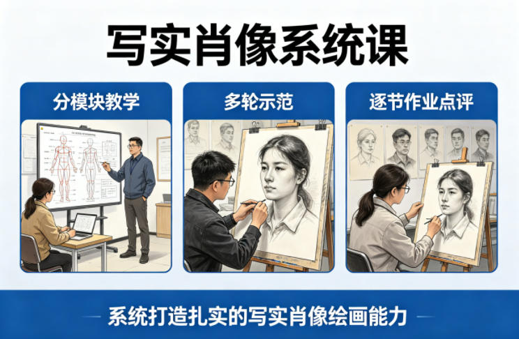 写实肖像系统课，全程分模块教学+多轮示范+逐节作业点评，系统打造扎实的写实肖像绘画能力-财阁