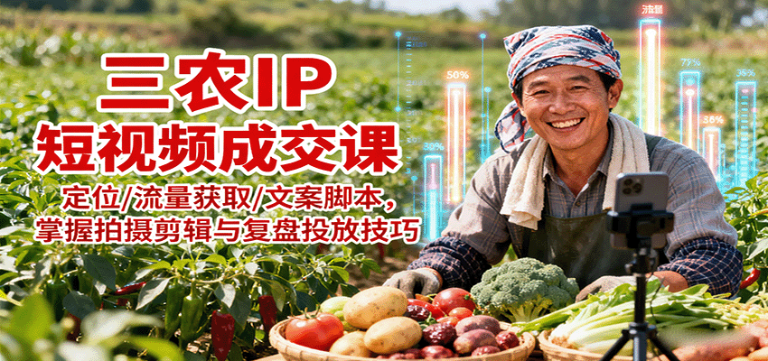 三农IP短视频成交课：定位/流量获取/文案脚本，掌握拍摄剪辑与复盘投放技巧-财阁