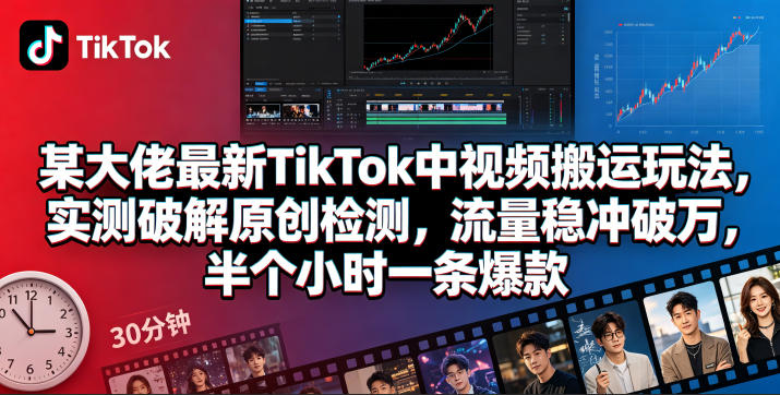 某大佬最新TikTok中视频搬运玩法，实测破解原创检测，流量稳冲破万，半个小时一条爆款-财阁