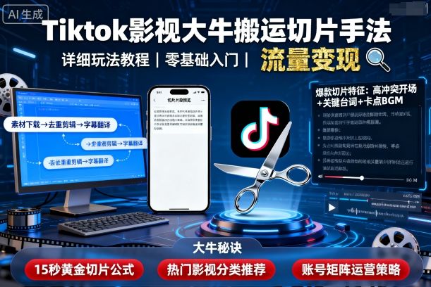 Tiktok影视大牛搬运切片手法，详细玩法教程-财阁