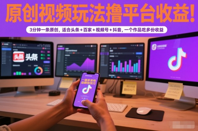 原创视频玩法撸平台收益，3分钟一条原创，适合头条+百家+视频号+抖音，一个作品吃多份收益-财阁