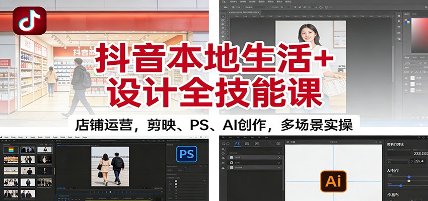 抖音本地生活+设计全技能课：店铺运营，剪映、PS、AI创作，多场景实操-财阁