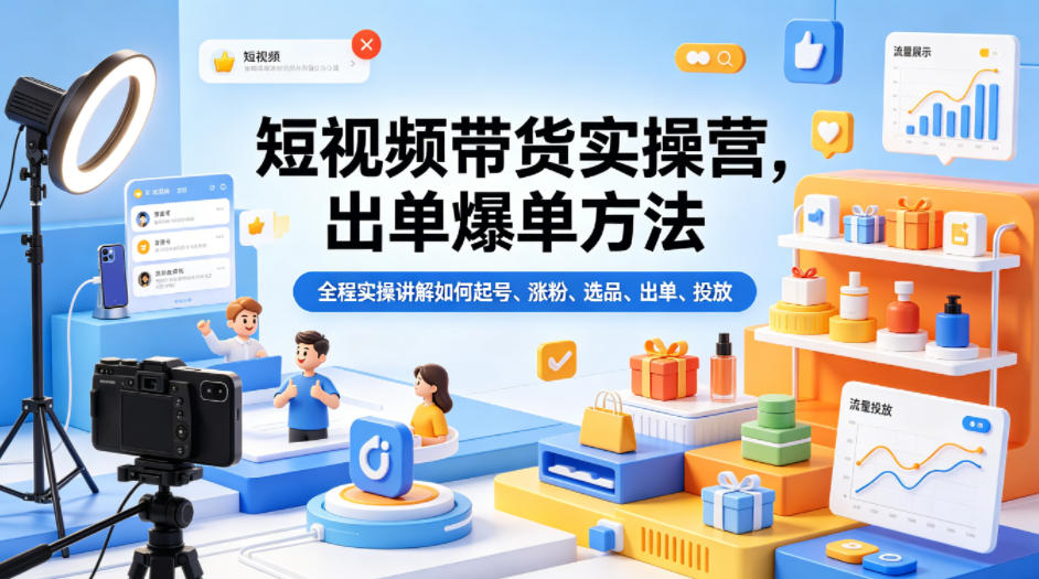 短视频带货实操营，出单爆单方法，全程实操讲解如何起号、涨粉、选品、出单、投放-财阁