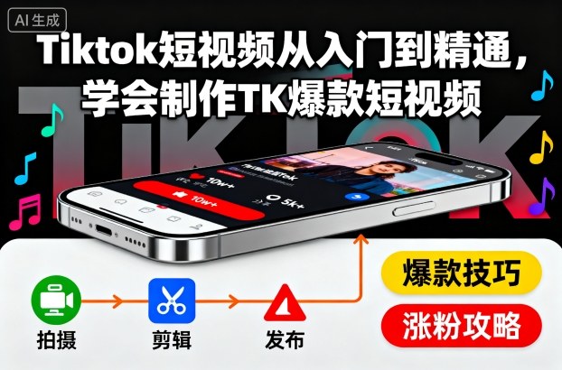 Tiktok短视频从入门到精通，学会制作TK爆款短视频-财阁