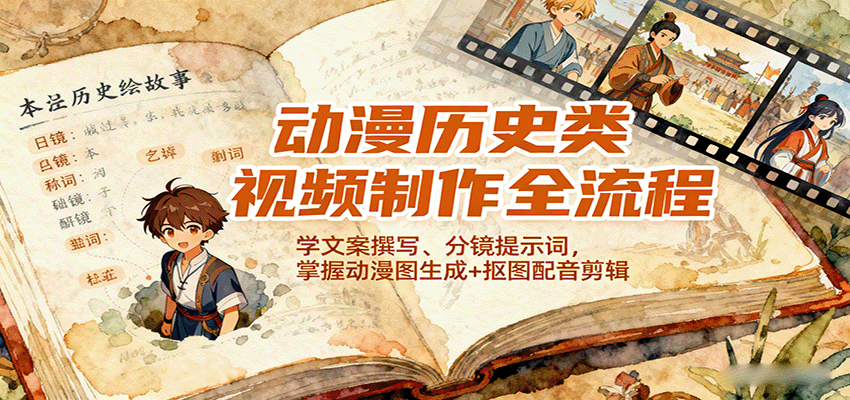动漫历史类视频制作全流程，学文案撰写、分镜提示词，掌握动漫图生成+抠图配音剪辑-财阁
