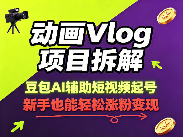 动画Vlog项目拆解，豆包AI辅助短视频起号，新手也能轻松涨粉，43条作品涨粉8.3W-财阁