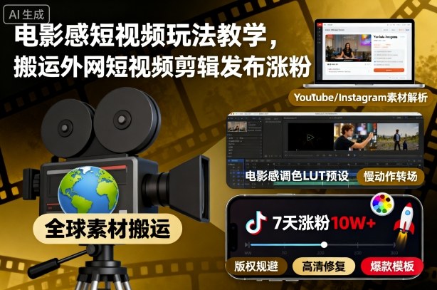 电影感短视频玩法教学，搬运外网短视频剪辑发布涨粉-财阁