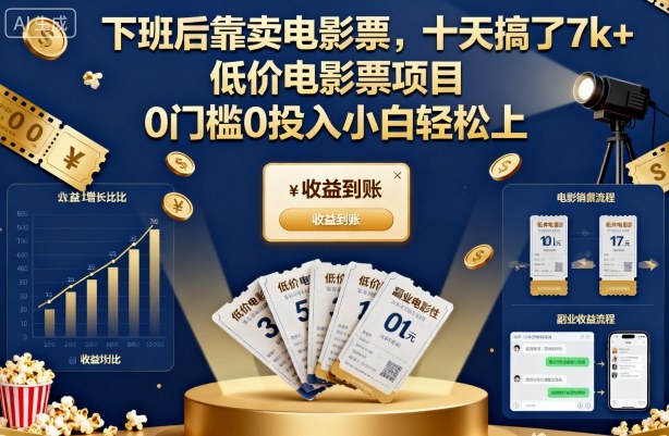 下班后靠卖电影票，十天搞了7k+，低价电影票项目，0门槛0投入小白轻松上手【揭秘】-财阁