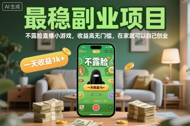 最稳副业项目，不露脸直播小游戏，收益高无门槛，一天收益1k+，在家就可以自己创业【揭秘】-财阁