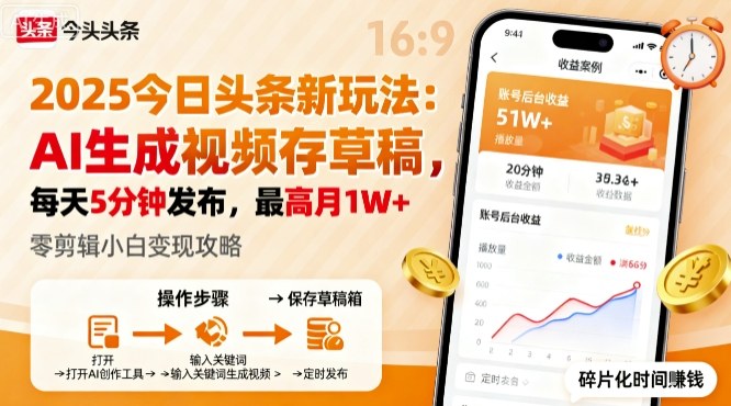 2025年今日头条躺賺新玩法，AI生成视频存草稿，每天5分钟发布，最高月1W+【揭秘】-财阁