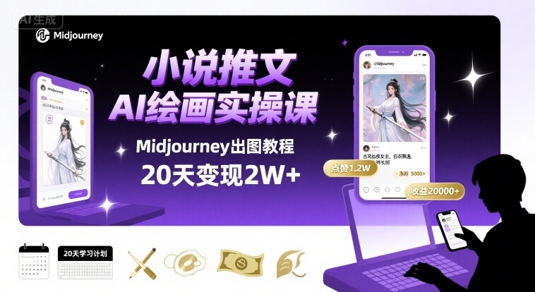 小说推文干货分享之AI绘画MJ出图实操课，用Midjourney做小说推文，20天挣2w-财阁