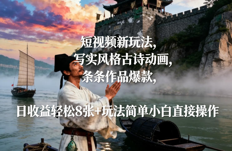 短视频新玩法，写实风格古诗动画，条条作品爆款，日收益轻松8张+玩法简单小白直接操作-财阁