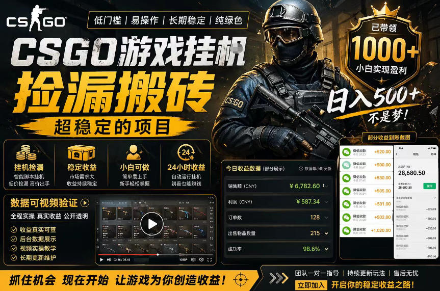 CSGO游戏搬砖，全自动挂G，不需要玩游戏，手机操作日入300+，解放双手【揭秘】-财阁