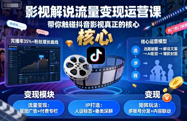 影视解说流量变现运营课，带你触碰抖音影视真正的核心-财阁