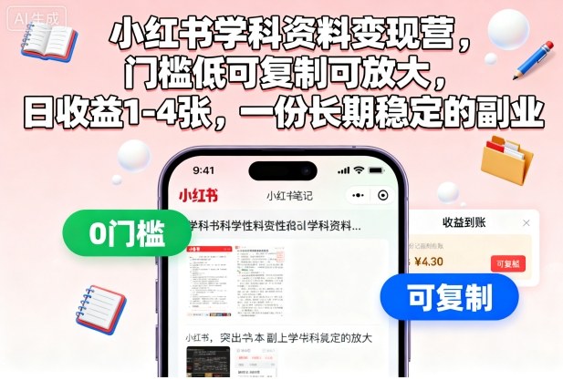 小红书学科资料变现营，门槛低可复制可放大，日收益1-4张，一份长期稳定的副业-财阁