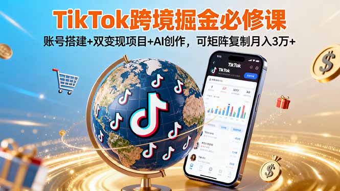 TikTo跨境掘金必修课，账号搭建+双变现项目+AI创作，可矩阵复制月入3万+-财阁