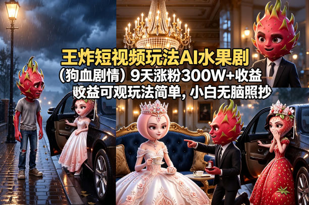 王炸短视频玩法AI水果剧(狗血剧情)9天涨粉300W+收益可观玩法简单，小白无脑照抄，详细拆解玩法-财阁