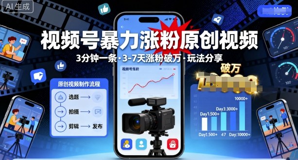 视频号暴力涨粉原创视频，3分钟一条原创视频，3-7天涨粉破万，玩法分享给你-财阁