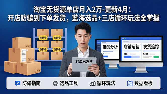 淘宝无货源5.0单店月入2万-更新4月：开店防骗到下单发货，蓝海选品+三店循环玩法全掌握-财阁