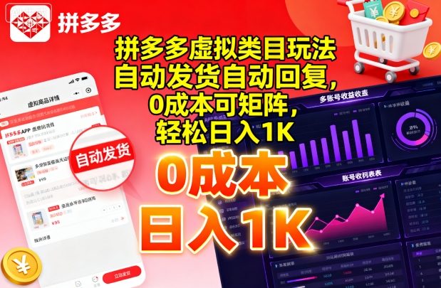 拼多多虚拟类目玩法，自动发货自动回复，0成本可矩阵，轻松日入1K【揭秘】-财阁
