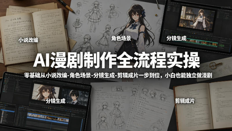 AI漫剧制作全流程实操，零基础从小说改编-角色场景-分镜生成-剪辑成片一步到位，小白也能独立做漫剧-财阁