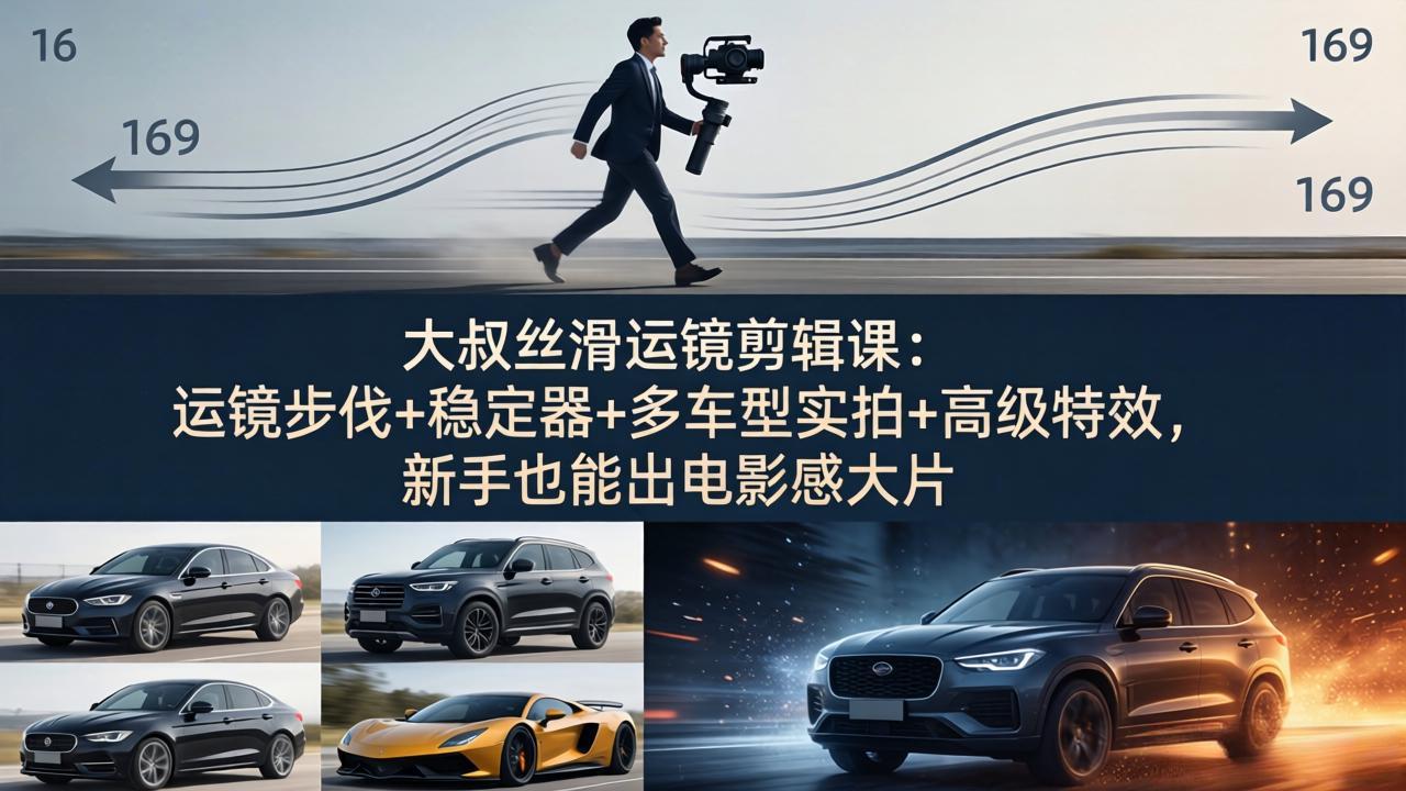 大叔丝滑运镜剪辑课：运镜步伐+稳定器+多车型实拍+高级特效，新手也能出电影感大片-财阁