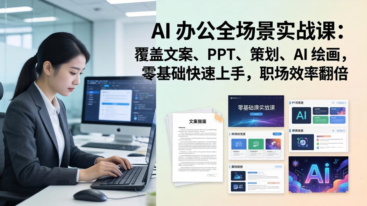 AI 办公全场景实战课：覆盖文案、PPT、策划、AI 绘画，零基础快速上手，职场效率翻倍-财阁