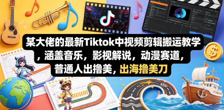 某大佬的最新Tiktok中视频剪辑搬运教学，涵盖音乐，影视解说，动漫赛道，普通人出海撸美刀-财阁