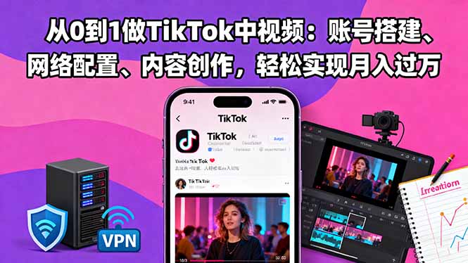 从0到1做TikTok中视频：账号搭建、网络配置、内容创作，轻松实现月入过万-财阁