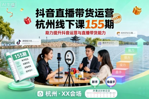抖音直播带货运营杭州线下课155期，助力提升抖音运营与直播带货能力-财阁