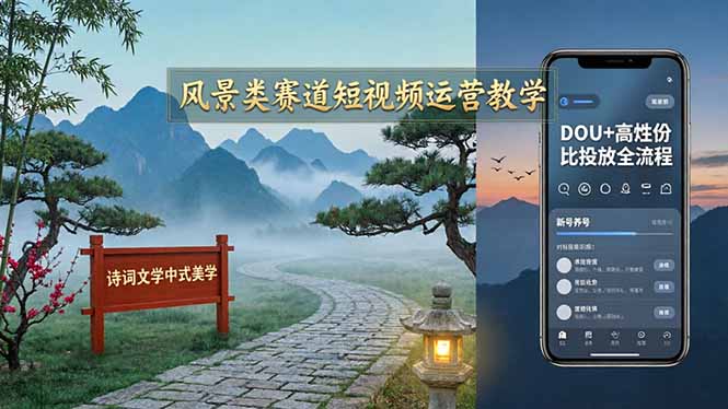 风景类赛道短视频运营教学：诗词文学中式美学，新号养号对标账号定位，DOU+高性价比投放全流程-财阁