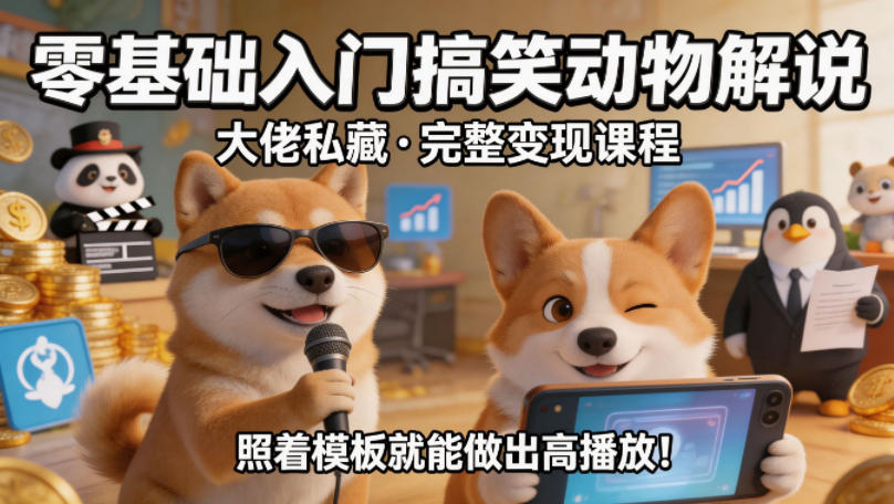 零基础入门搞笑动物解说，大佬私藏完整变现课程，照着模板就能做出高播放-财阁