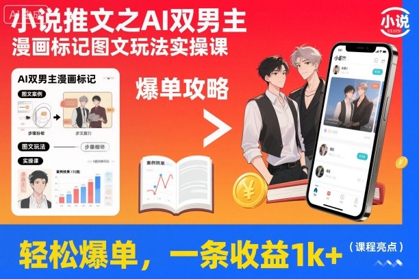小说推文之AI双男主漫画标记图文玩法实操课，轻松爆单，一条收益1k+-财阁