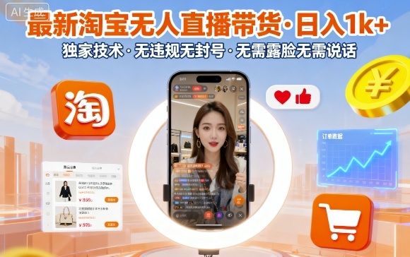 最新淘宝无人直播带货，日入1k+，独家技术，无违规无封号，无需露脸无需说话【揭秘】-财阁
