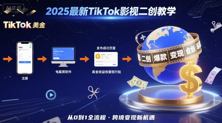 2025年最新TikTok影视二创教学，从注册到发布撸美金全流程，跨境变现新机遇-财阁