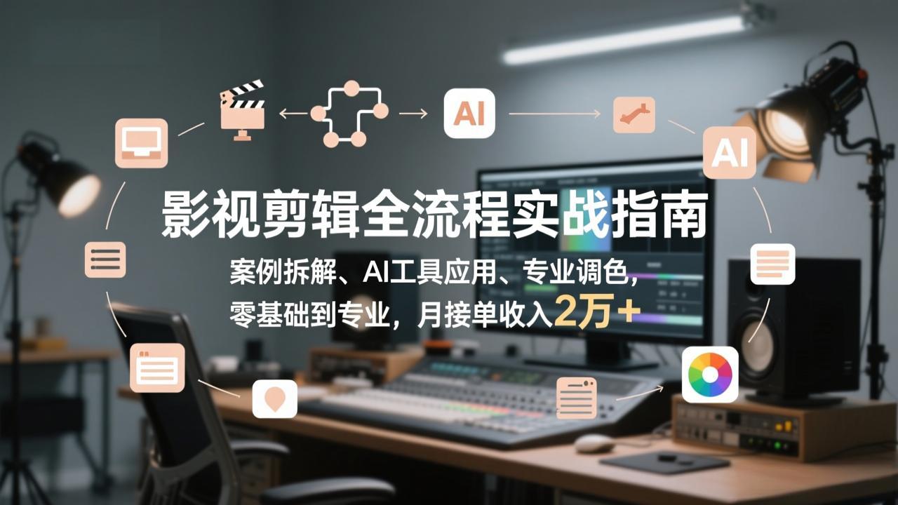 影视剪辑全流程实战指南，案例拆解、AI工具应用、专业调色，零基础到专业，月接单收入2万+-财阁