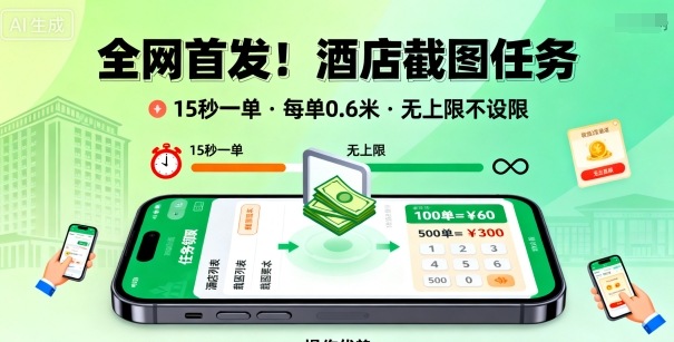 全网首发！酒店截图任务，15秒一单，每单0.6米，任务无上限不设限，矩阵操作单日3张到手【揭秘】-财阁