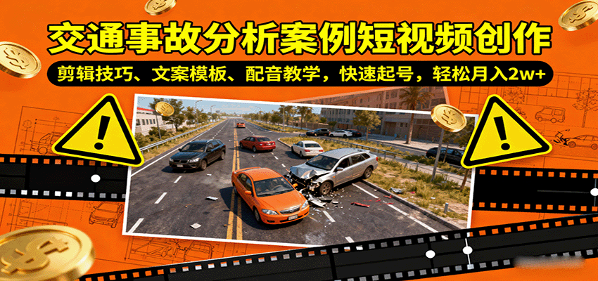交通事故分析案例短视频创作，剪辑技巧、文案模板、配音教学，快速起号，轻松月入2w+-财阁
