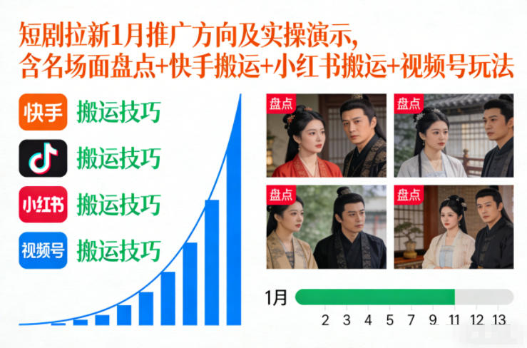 短剧拉新1月推广方向及实操演示，含名场面盘点+快手搬运+小红书搬运+视频号玩法-财阁