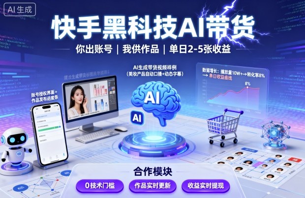 快手黑科技AI带货，你提供账号，我提供作品并发布，单日2-5张【揭秘】-财阁