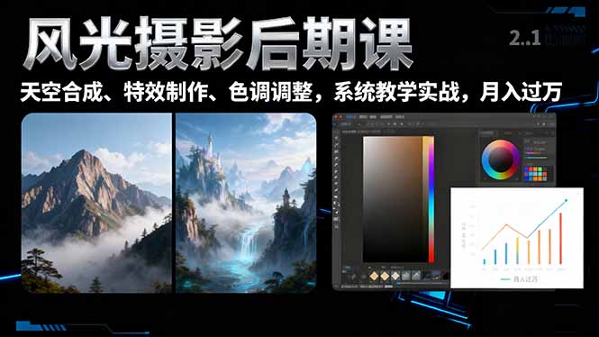 风光摄影后期课，一键换天空合成、特效制作、色调调整，月入过万-财阁