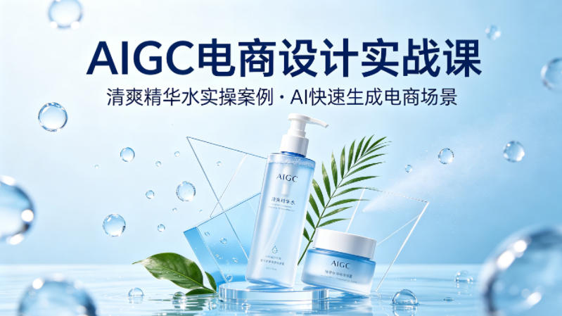 AIGC电商设计实战课，以清爽精华水为实操案例，教你用AI快速生成电商场景-财阁