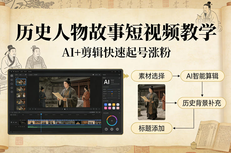 历史人物故事短视频教学，AI+剪辑制作历史人物题材短视频，快速起号涨粉-财阁
