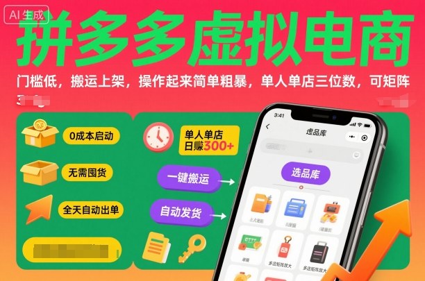 拼多多虚拟电商，门槛低，搬运上架，操作起来简单粗暴，单人单店三位数，可矩阵-财阁