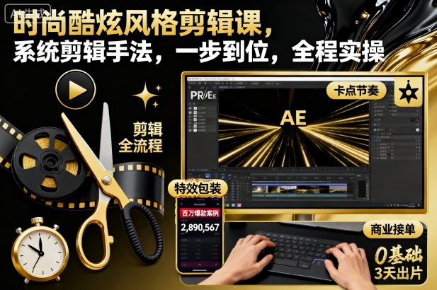 时尚酷炫风格剪辑课，系统剪辑手法，一步到位，全程实操-财阁
