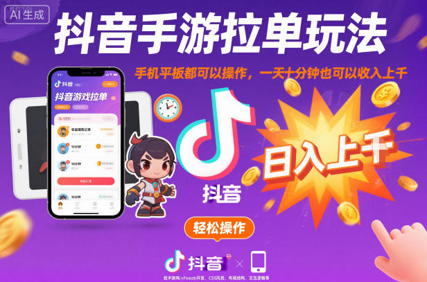 抖音手游拉单玩法，手机平板都可以操作，一天十分钟也可以收入上K【揭秘】-财阁