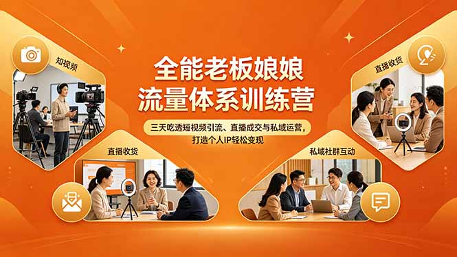 全能老板娘流量体系训练营，三天吃透短视频引流、直播成交与私域运营，打造个人IP轻松变现-财阁